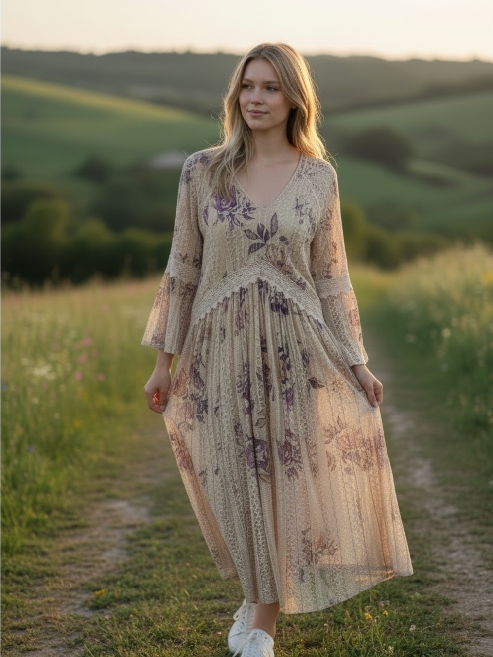 Origami New Bohemian Lace-Detail Maxi Dress in Beige with Purple Floral